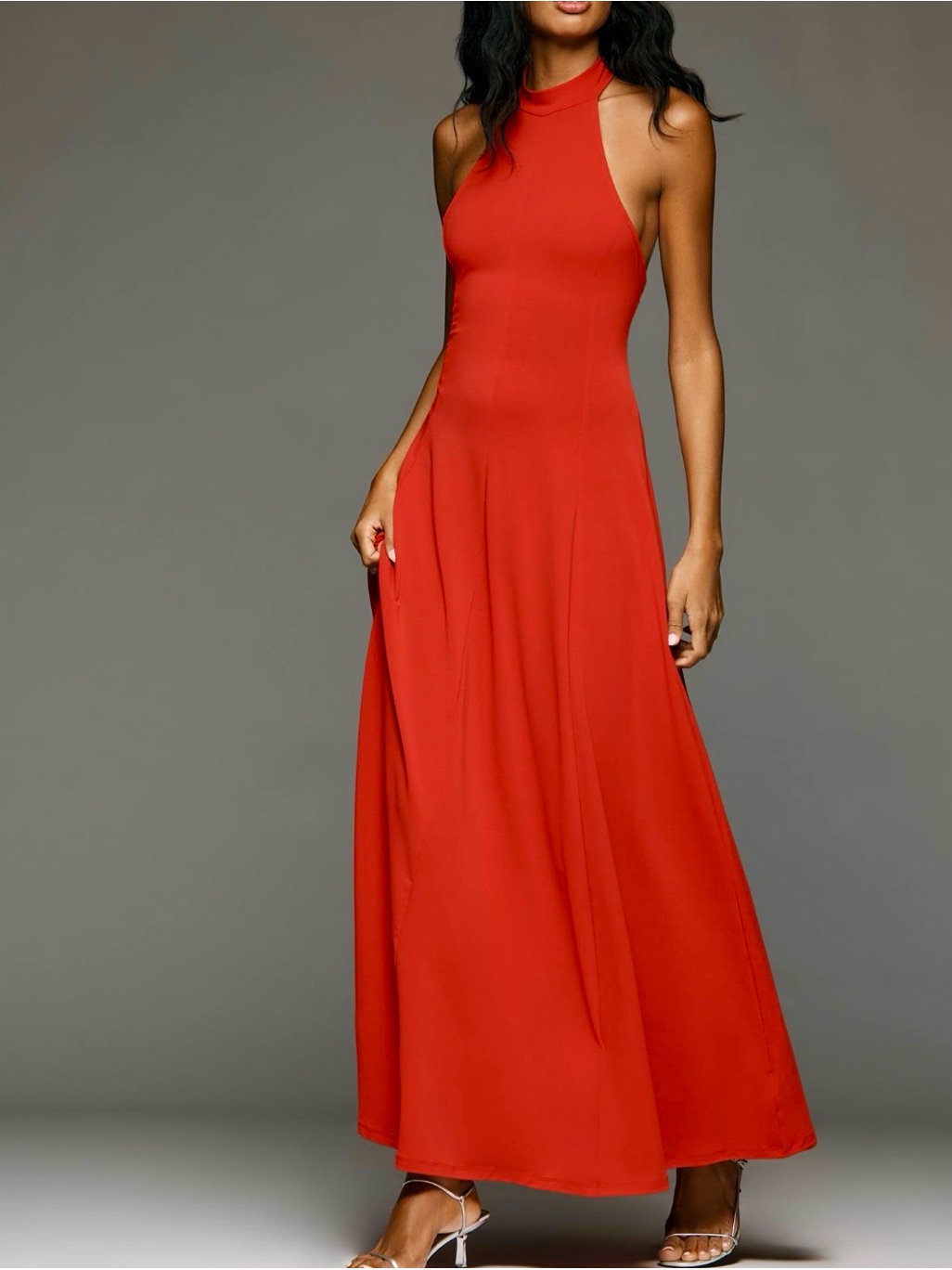 - Anthropologie Halter Open-Back A-Line Silhouette Maxi Dress- Haute Red Color